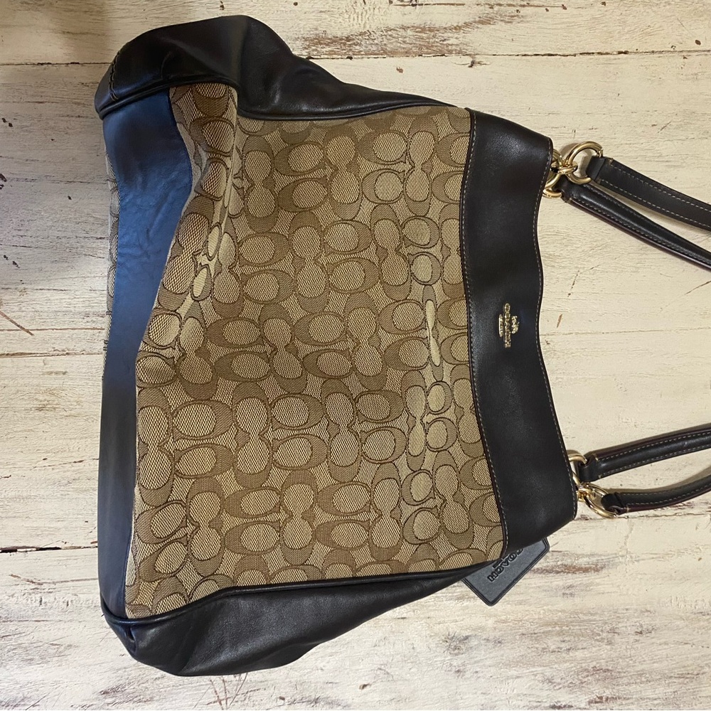 Coach Tan and Black Signature Shoulder Bag